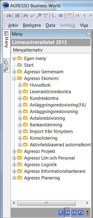 1.1 Moduler som LNU använder i agresso Agresso består av ett antal moduler och de moduler som Linnéuniversitetet använder är; Egen Meny; här kan man lägga in sådant som man enkelt vill nå, LNU har