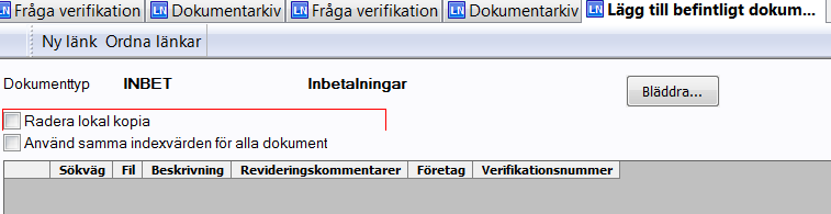 11.1 Lägg till ett befintligt dokument till en bokförd verifikation När du ska lägga till ett dokument till en bokförd verifikation går du till menyn Huvudbok och Fråga verifikation och söker fram