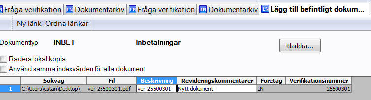 Öppna alternativt dubbelklicka på dokumentet. Dokumentet läggs då in i Agresso. Välj Spara på Datamenyn, F12 eller dokumentet. för att spara Dokumentet finns nu lagrat och kan nås via Dokumentarkivet.