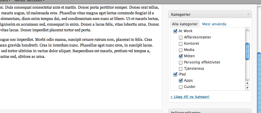 Kategorier och etiketter. Du hittar modulen för Kategorier i den högra kolumnen.. Bocka i de huvudkategorier som passar artikelns innehåll.