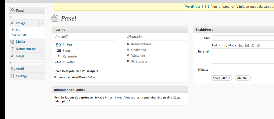 Inloggad som skribent När du nu är inloggad finns olika val i inloggnings-modulen.