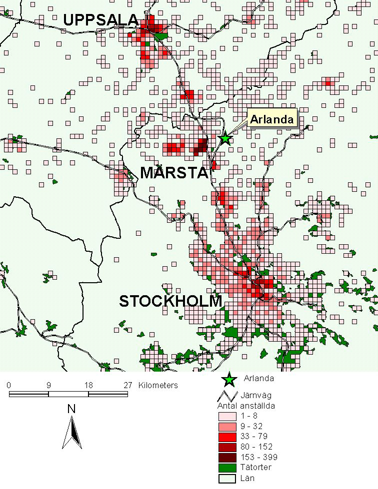 Figur 6.3. Förstoring av området mellan Uppsala och Stockholm. Tabell 6.