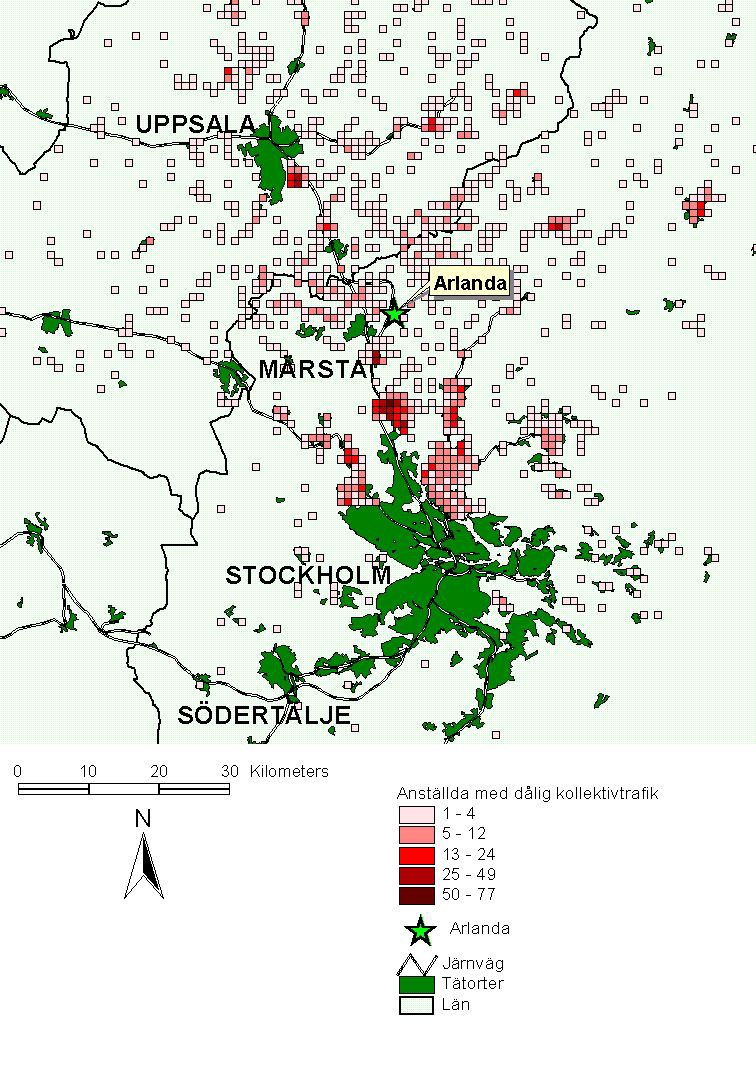 Figur 6.8. Karta över var anställda på Arlanda bor som har dålig tillgänglighet till kollektivtrafik. Blå stjärna markerar var Arlanda är.