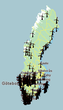 Figur 2.5 beskriver hur stark vinden är i genomsnitt under ett år över olika områden.