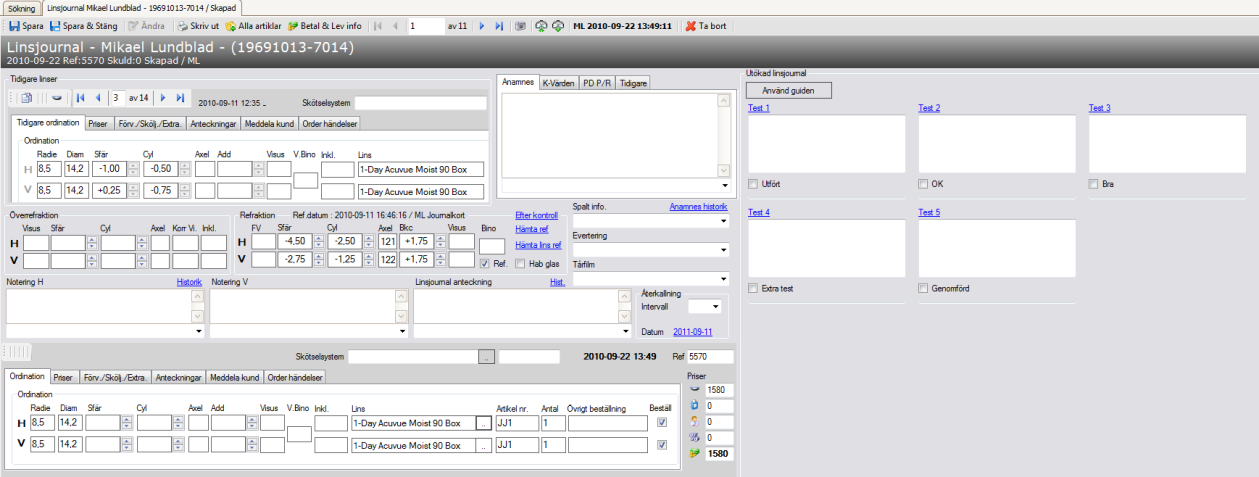 Linsjournal Klicka på Ny Linsjournal, alternativt kortkommandot Ctrl+L. Tidigare ordination fylls i om det finns flera linsjournaler på kunden sedan tidigare.