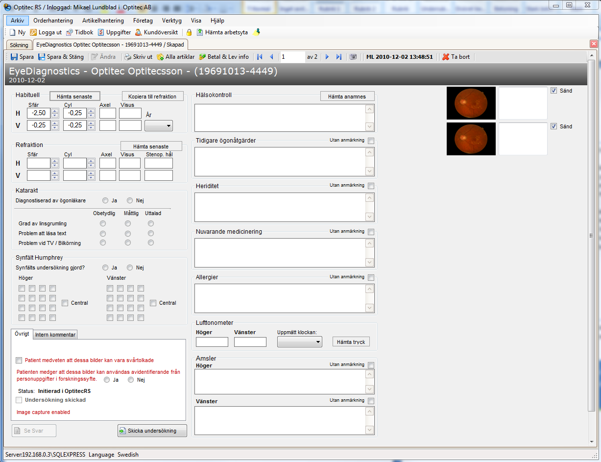 Eyediagnostics Optitec RS har en integration till EyeDiagnostics systemet. EyeDiagnostics systemet fungerar som länken mellan optiker och ögonläkare. Läs mer : www.eyediagnostics.