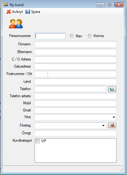 Kundkort Ny kund Klicka på knappen ny kund, ett nytt fönster öppnas nu och här har du möjlighet att skriva in information om en ny kund. Kom ihåg att personnummer måste börja på 19 eller 20.