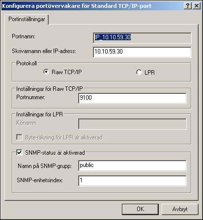 STÄLLA IN UTSKRIFTSANSLUTNINGAR 20 11 Klicka på Konfigurera port... på fliken Portar i dialogrutan Egenskaper. Dialogrutan Konfigurera portövervakare för Standard TCP/IP-port visas.