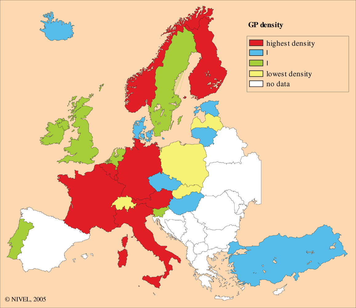 Figur: Antal primärvårdsläkare (GP-täthet per 1000 inv) jämförelse mellan några europeiska länder (Saltman 2006) I internationell jämförelse har Sverige en mindre utbyggd primärvård än jämförbara