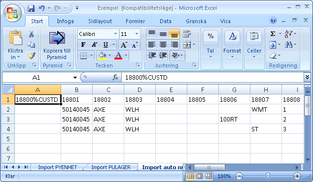 PROCLIENT NEWS I ÅRGÅNG 4 5 Filbeskrivningen skapas i Excel genom att i första raden ange vilket datanummer respektive kolumn skall läsas in till.