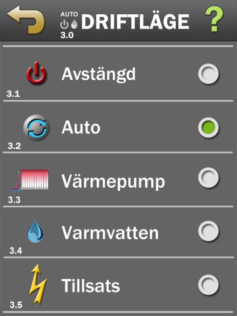 Meny för driftläge (fig. 4.17) Visar de olika driftlägen som går att välja mellan. Har förklarande ikoner för varje driftläge. Ger en förklaring för respektive driftläge via Hjälp -knappen.