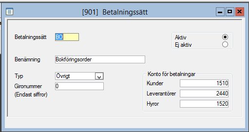 som kreditbokningen ska ske på bestäms av betalningssättet. Ex 1941. Samma betalningssätt kan användas för in- och utbetalningar, men olika konton kan påverkas.