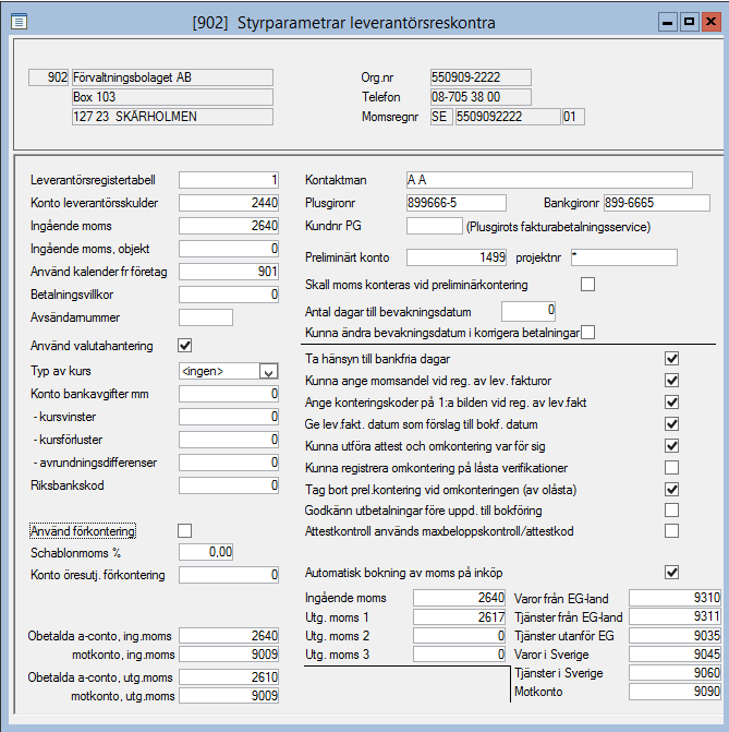 Leverantörsreskontra Styrparametrar leverantörer Leverantörsreskontra Registervård Styrparametrar leverantörer Här ställer man in hur man skall arbeta med leverantörsrutinen i företaget/klienten.