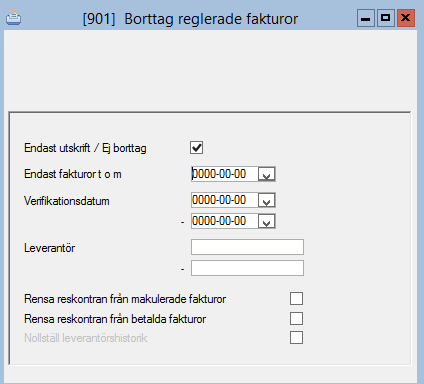 Preliminärkonterade fakturor Leverantörsreskontra Rapporter Preliminärkonterade fakturor Borttag reglerade fakturor Leverantörsreskontra Rapporter Bort tag reglerade fakturor I delrutinen Bort tag