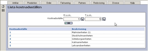 1.1.7 Lista kostnadsställen Ny rutin Lista kostnadsställen finns nu i Exder. I rutinen kan du lista företagets kostnadsställen.