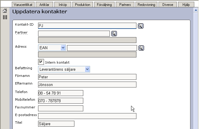 I rutinen Uppdatera kontakter lägger ni upp alla era säljare som en intern kontakt. I exemplet ovan så har vi gett säljaren Peter Jönsson Kontakt-id PJ.