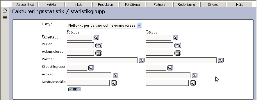 Dessa hittar ni under menyn Försäljning Fakturering Faktureringsstatistik/ statistikgrupp. Listorna kräver att ni har kopplat statistikgrupper till era artiklar.