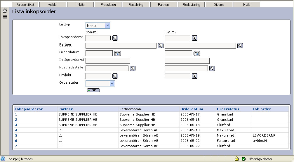 3.2.1.3 Lista inköpsorder Ny rutin för att lista inköpsorder har skapats.