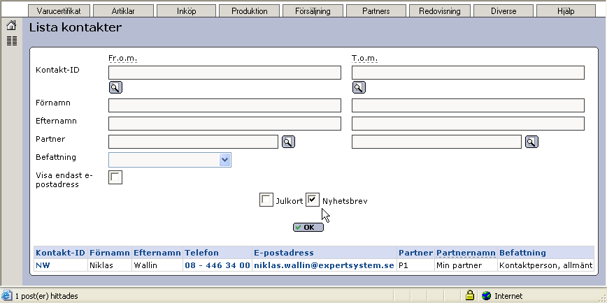 6.1.4 Lista kontakter I listan Lista kontakter har några förbättringar gjorts. Söka fram kontakter som har vissa egenskaper. Ni kan numera se kontaktens telefonnummer och sortera listan efter numret.