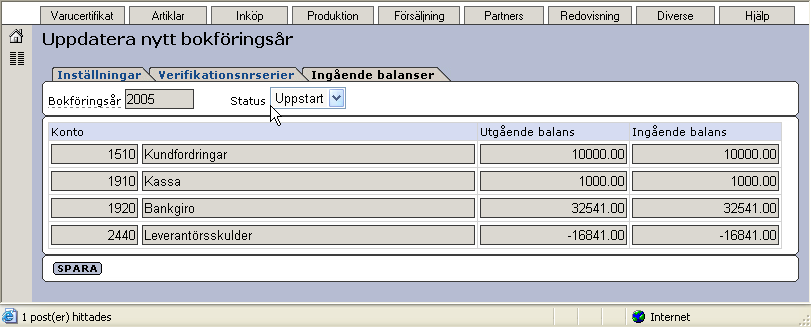 Under fliken Ingående balanser kan du se dessa balanser för det nya året. Sidan visar innevarande års aktuella UB-värden tillsammans med det nya årets IB-värden.