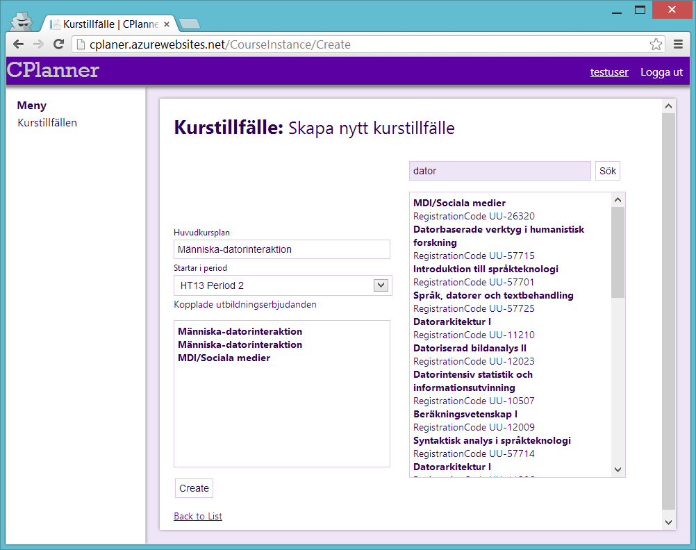 Sekvensbeskrivning: 1. Navigera in på skapa nytt kurstillfälle 2. Sök efter utbildningserbjudanden som ska kopplas till detta kurstillfälle 3.