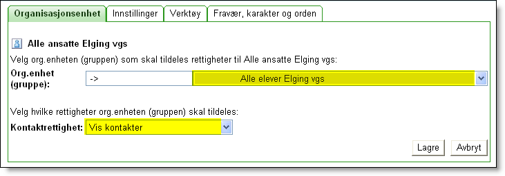 Därefter klickar vi på Ge andra grupper rättigheter gentemot den här org.enheten och bläddrar oss fram till Alle elever Elging vgs: Därefter väljs rättigheten Se kontakter.