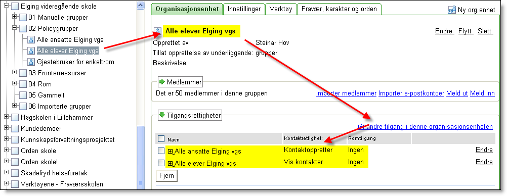 Här visas en annan rättighetsinställning: Först är org.enheten som innehåller alla elever vald.