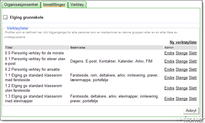 För att skapa/ändra verktygspaket måste du välja valet under Inställningar: Här ser vi namn och beskrivning på några