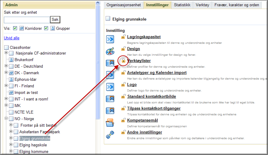 Skapa nytt verktygspaket För att det skall vara möjligt att skapa egna verktygspaket måste rotadministratören ha öppna denna rättighet på toppnivå: Här ser man att på Elging grunnskole är denna