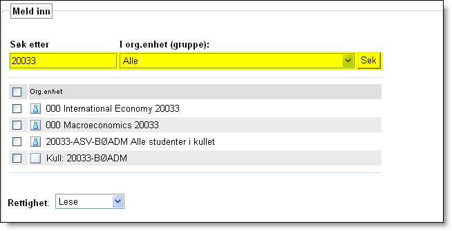 Om man söker efter studenter som börjat hösten 2003 kan man söka på 20033 om detta är koden för det: Oberoende om detta är en nod eller en grupp kommer alla att visas