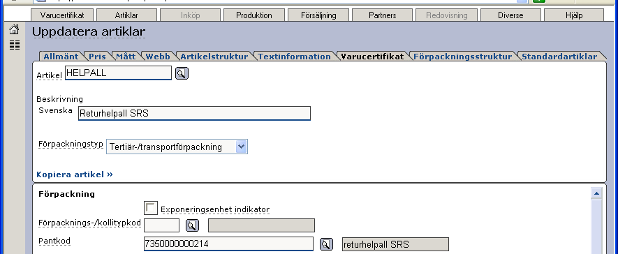 Senast uppdaterat: 10-04-06 Exder EDI ESAP 20.1.5 sida 5 av 36 Pantartikel Om ni använder pantartiklar behöver ni också lägga upp dessa i artikelregistret.