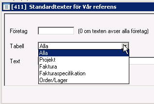 Register för vår referens Till fältet för vår referens i Projekt, Faktura, Fakturaspecifikation och Order finns numera ett register som man kan hämta information från.