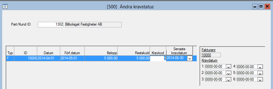 Ändra kravstatus Fakturering & kundreskontra Betalningar/krav/ränta ändra kravstatus Här kan man se vilken kravstatus en reskontrapost har eller ändra en befintlig post för att man t.ex.