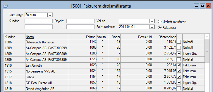 Följande kriterier måste vara uppfyllda för att räntefaktureringen ska fungera: Bock för räntefakturering måste vara ifylld på kund/kontraktspartsbilden Rätt löpnummerserie, som ej krockar med
