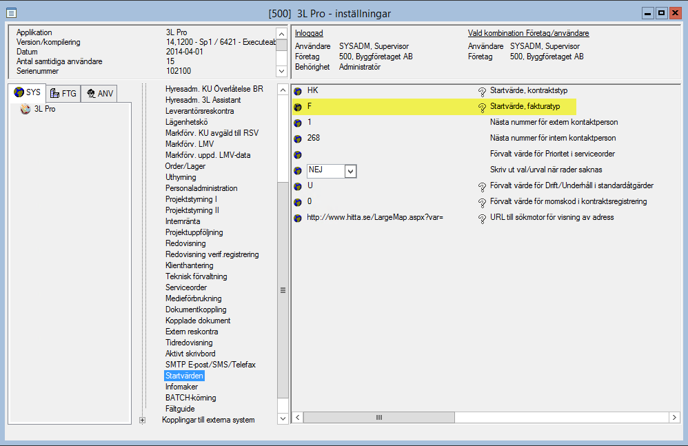 Startvärde för fakturering Eftersom flera delrutiner i faktureringen är gemensam med hyres- & avgiftsadministrationen finns det möjlighet att ställa in vilken fakturatyp som ska anges vid start av