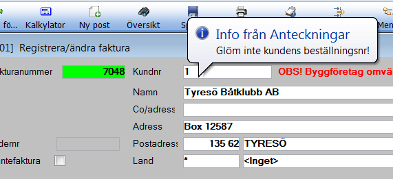 I Inställningar kan väljas hur Ej aktiv kontraktspart/kund ska behandlas. Kontroll av kundstatus sker på följande sätt: 0 = Ej aktiv kund visas inte i översikter och skrivs inte ut i kundförteckning.