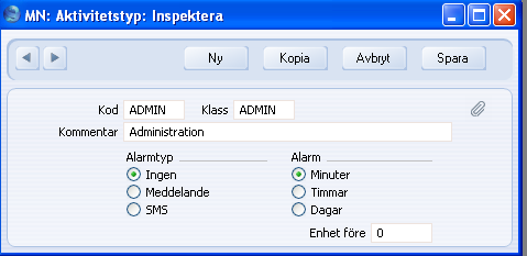 Kapitel 5: Inställningar - Aktivitetstyper Kod Detta är en unik kod som identifierar en specifik aktivitetstyp. Den kan innehålla upp till fem alfanumeriska tecken.