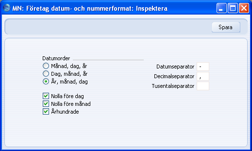 FirstOffice Datum och nummer Den här inställningen styr utskriftsättet för datum och nummer i rapporter och dokument t.ex. fakturor.