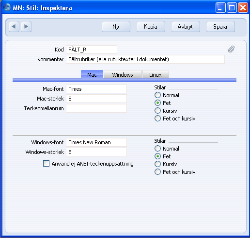 Kapitel 5: Inställningar - Stilar Kod Kommentar Mac/Windows/Linux Font Koden för stilen. En beskrivning av stilen.