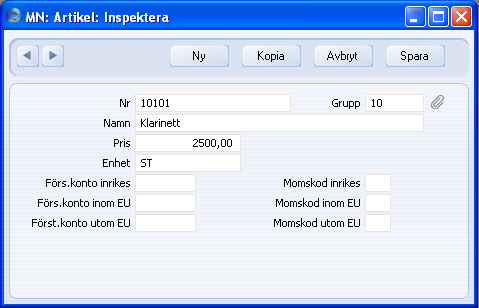 FirstOffice Nr Grupp Namn Ange den unika koden som ska identifiera artikeln. Med den här koden kommer du att kunna identifiera artikeln när den används på fakturor.