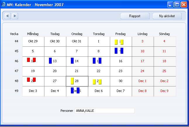 Kapitel 8: Personliga register - Kalendern Månadsöversikten I månadsöversikten, kommer dagens datum (6 maj i illustrationen) att vara markerad med en bred ram och helgerna kommer att vara röda.