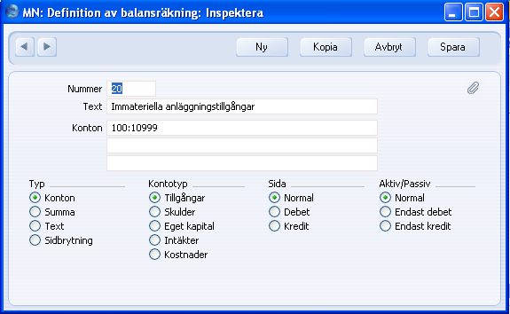 FirstOffice Numret identifierar raden i Balansräkningen. Texten TILLGÅNGAR visas som en rubrik när rapporten skrivs ut till bildskärm eller till skrivare.