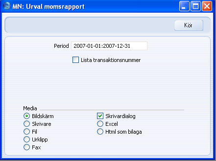 Kapitel 10: Rapporter - Momsrapport Period Här anger du perioden för Momsrapporten som du vill skriva ut, ange start- och slutdatum för rapportperioden, separerat med kolon (:).