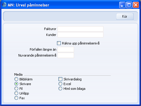 Påminnelser Kapitel 9: Dokument - Påminnelser Skriver ut en sida per förfallen faktura. Det kan vara använbart då en kund har flera förfallna fakturor.