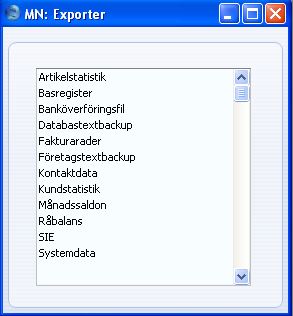 Kapitel 11: Export - Månadssaldon Kapitel 11: Exporter Export -funktionen ger möjlighet till att exportera en viss typ av information i form av en tab-separerad textfil.