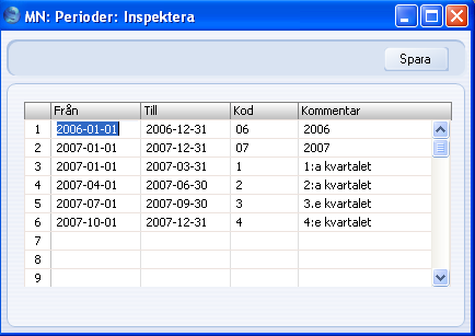 FirstOffice åren måste anges i kronologisk ordning. Ta inte bort gamla år!! Klicka på knappen [Spara] i knappraden för att spara. 8.