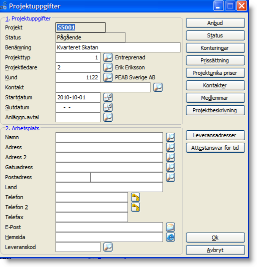 Fält i Projektregistret En mängd uppgifter kan anges på ett projekt. Vilka som bör anges avgörs av hur företaget arbetar och vilka funktioner i projektstyrningen som används.
