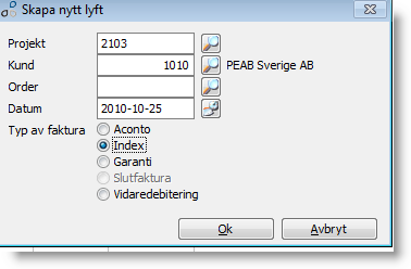 Lyftet innehåller då 2 fakturor, acontofakturan och indexfakturan. När man väljer att granska lyftets faktura (Se faktura) får man därför frågan om man vill se acontofakturan eller indexfakturan.