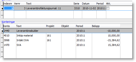 Resulterande kontering vid leverantörsfakturajournal konto 4010 på 10 000 kr och en vinstmarginal på projektet på 0,35 (35 %).