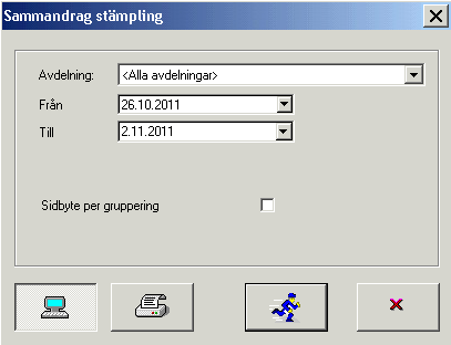 Sammandrag stämpling kan köras för en eller alla avdelningar, datumintervall anges.